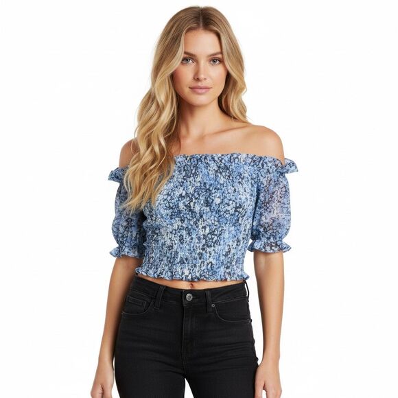 Express Blue Floral Smocked Off the Shoulder Crop Top Small - Picture 1 of 6
